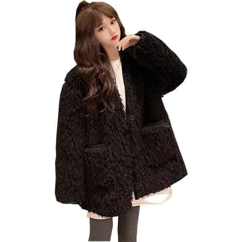 Black imitation Lamb Fur Jacket Womens Winter 2021 Korean Plus Velvet Warm Coats Casual Single-breasted Lamb Fur Coat Outerwear