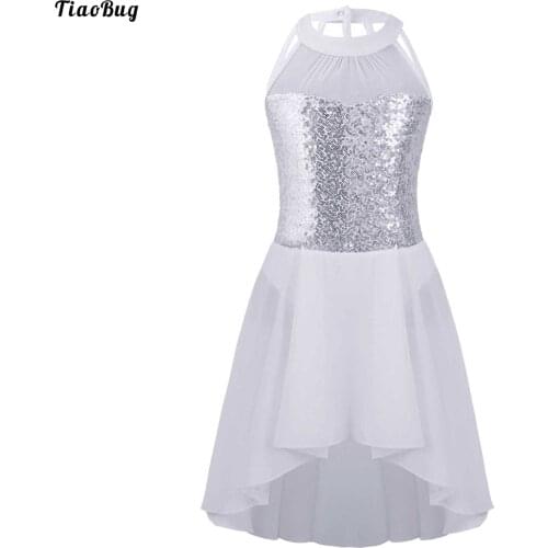 Kids Girls Stylish Ballet Dancewear Sleeveless Round Neck Mesh Sequins Decor Irregular Hem Dance Dress Performance Costumes