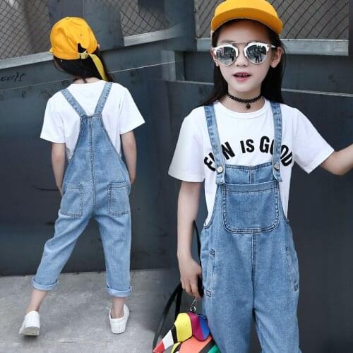 Girls Jeans Overalls Spring/Summer Fashion Children Strap Denim Jumpsuit Cute Pocket School Kids Girls Cowboy Pants 4-13Y