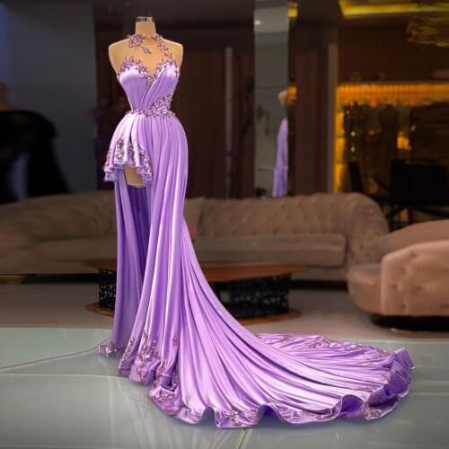 Elegant Purple Prom Gowns High Neck Crystals Appliques Sleeveless Women Long Sweep Train Formal Evening Dresses Plus Size Custom