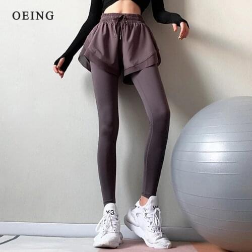 Women High Waist Yoga Pants Fake 2 IN 1 Two Pieces Leggings High Elastic Gym Fitness Running Tights Exercise Leggins Sportswear