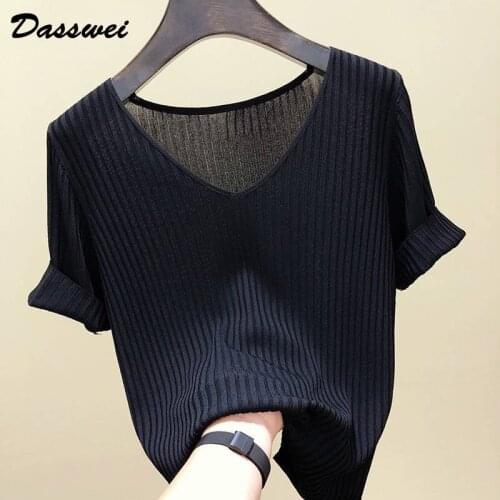 DASSWEI Fashion Ice Silk Knitted Sweater For Women 2021 Summer T-Shirt V-Neck Short Sleeve Knitwear Female Base Shirt Solid Tees