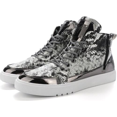 Men Shoes Pu Leather Shoes Snakeskin Pattern Flats High Top Skateboard Shoes Cool Casual Shoes