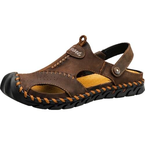Mens Genuine Leather Sandals Summer Casual Shoes Outdoor Rubber Flip Flops Classic Roman Slippers Beach Shoes Large Size 48
