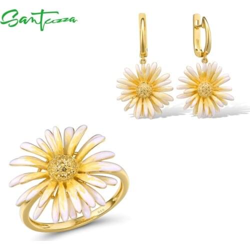 SANTUZZA Silver Jewelry Set for Women 925 Sterling Silver Yellow Daisy Flowers Earrings Ring Set Fine Jewelry Handmade Enamel