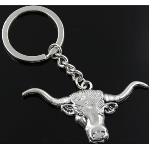 New Fashion Men 30mm Keychain DIY Metal Holder Chain Vintage Longhorn Bull Steer Head 60x31mm Silver Color Pendant Gift