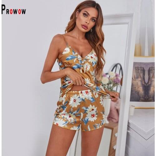 Prowow Women Pajama Set Home Clothes Summer Fashion Print V-neck Tops Shorts Two Piece Silk Suit Female Sleeping Wear Outfit