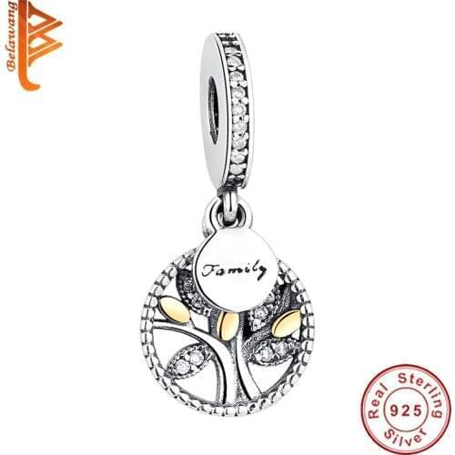 BELAWANG Authentic 925 Sterling Silver Beads Gold Family Tree Charms Fit Bracelet with Cubic Zircon DIY Original Jewelry