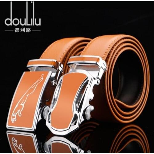 Orange Business Belts for Men Genuine Leather Fashion Automatic Buckle Luxury Famous Brand Waist Belt Strap for Jeans 3.5cm Wide