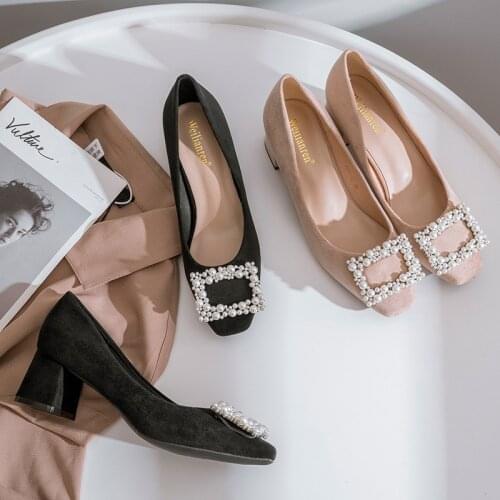 Luxury Pearl Shoes Woman Brand Pumps Flock High Heel Ladies Shallow Square Toe Chaussures Femme Wedding Shoes Women Bridal Pumps