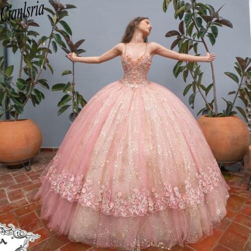 Pink Sequins Quinceanera Dresses Appliues Sparkling Spaghetti Straps Sweet 16 Prom Gowns Birthday Party Vestidos De 15