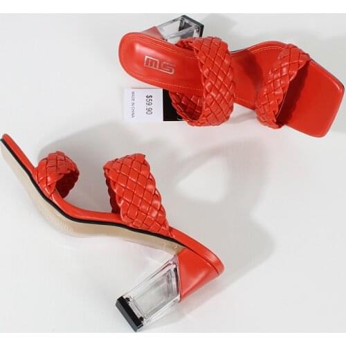 Womens High-Heeled Sandals Summer New PU Weave Crystal Square Heel Sandals Fashionable Outside Womens Slippers 8.5CM