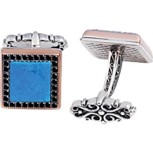 Silver Turquoise Stone Black Zircon Engraved Cufflinks