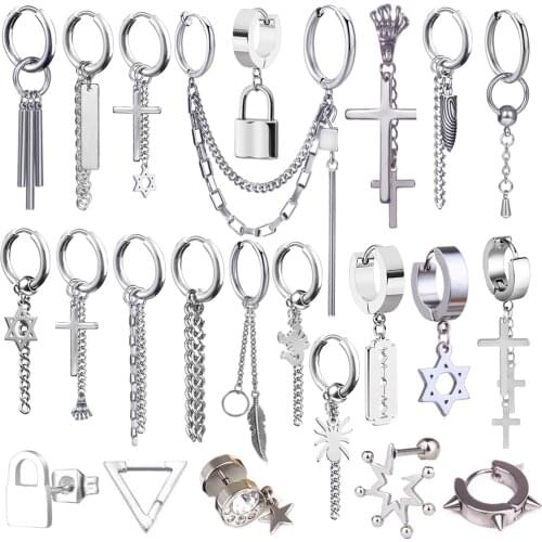 Korea Popular Hip Hop Kpop Boys Trendy Stud Earrings with Leaf Cross Stainless Steel Pendant Earrings Jewelry for Men Women