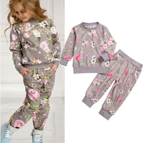 Girls Floral Print Sweatshirt + Pants Outfits Autumn Winter 2021 Baby Kids Child Long Sleeve Flower Tops and Long Pants New