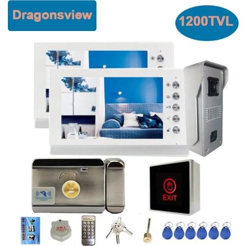 Dragonsview 7 Inch Wired Video Intercom System with Electronic Lock Door Phone 2 Monitors 1 Outdoor Doorbell Camera Unlock Talk
