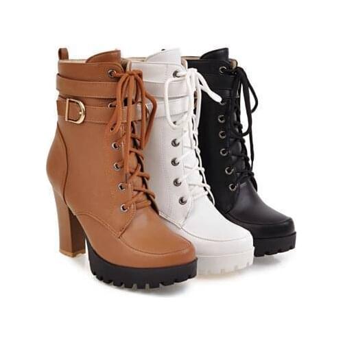 2021High Heels Women Ankle Boots Lace Up Fall Winter Platform Ladies Boots Large Size Fashion Shoes White Black Brown EU34-43