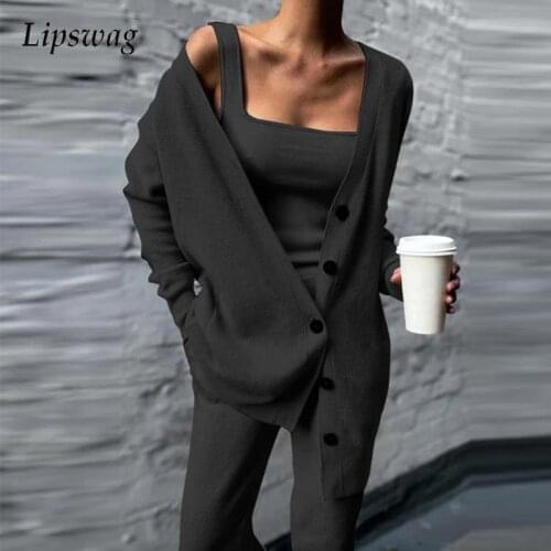 Autumn Ladies Knitted Women 3 Piece Set Solid Tank Top + Long Cardigan + Pants Matching Suit 2021 Winter Casual Tracksuit Outfit