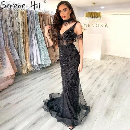 Dubai Champagne V-Neck Pearls Diamond Prom Dresses 2020 Latest Design Sleeveless Sexy Prom Gowns Serene Hill BLA70055