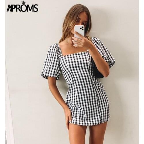 Aproms Vintage Square Neck Yellow Plaid Print Mini Dress Summer 2021 Elegant Puffed Sleeve A-line Dresses Streetwear Vestidos