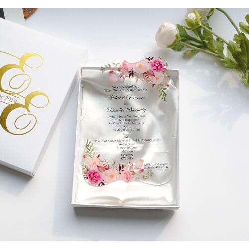 10pcs newest transparent glass acrylic wedding invitation card gold and black words printing wedding favor invitations sample