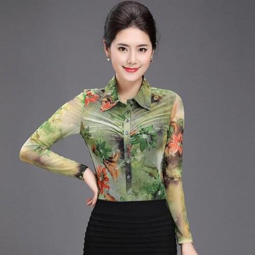 Summer Spring Office Lady Women Casual Full Sleeve Pleated Green 4XL Mesh Blouse , Fall Female Woman Slim Printed Floral Blouses