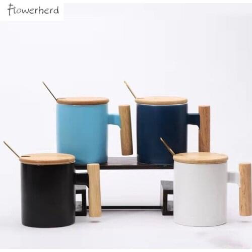 Large Ceramic Mug Coffee Mugs Tea Mug Coffeeware with Wooden Handle Coffee Cup Straight Cylindrical Water Cup Mugs Coffee Cups