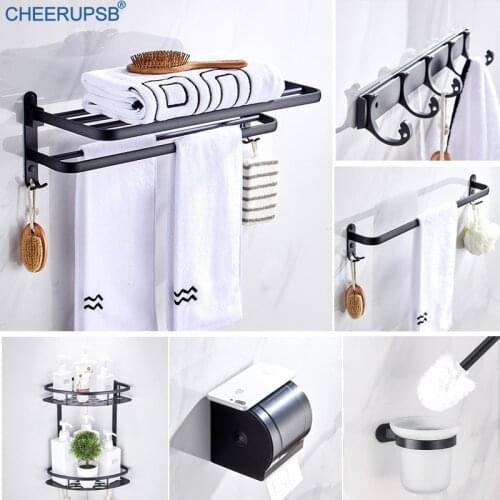 Bathroom Black Accessories Folding Matt Bath Towel Holder Toilet Space Aluminum Waterproof Tissue Paper Box Soap Dryer Support
