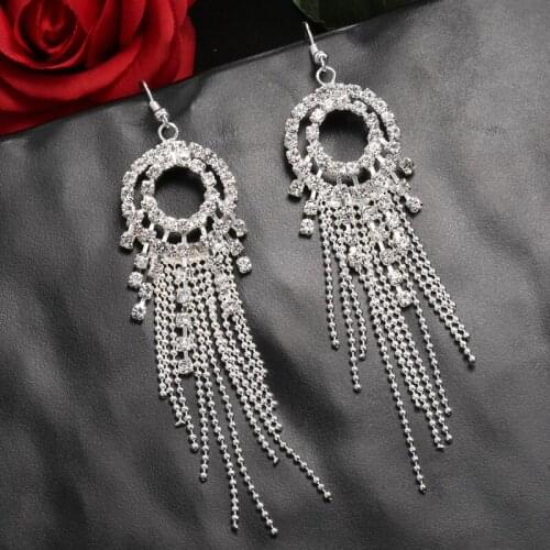 Hesiod Charm Crystal Wedding Long Earrings Round Tassel Shape Earrings for Women Brides Bridesmaid