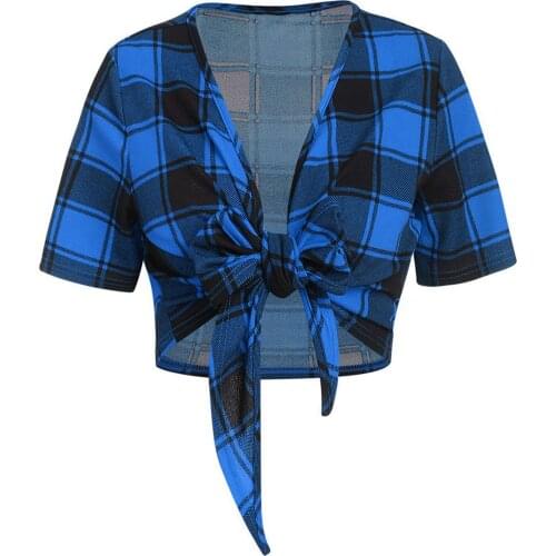 Women Fashion Short Sleeve Tshirt Plaid Bow Knot Bandage T Shirt Fashion Summer Women Tshirt Casual Top Poleras Mujer #P3