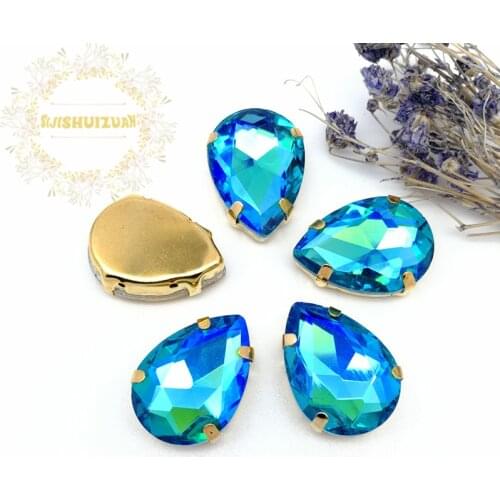 Best-selling Turquoise blue AB color Water drop Crystal Glass Sew-on Rhinestones with gold Claw DIY wedding Dresses and Clothes