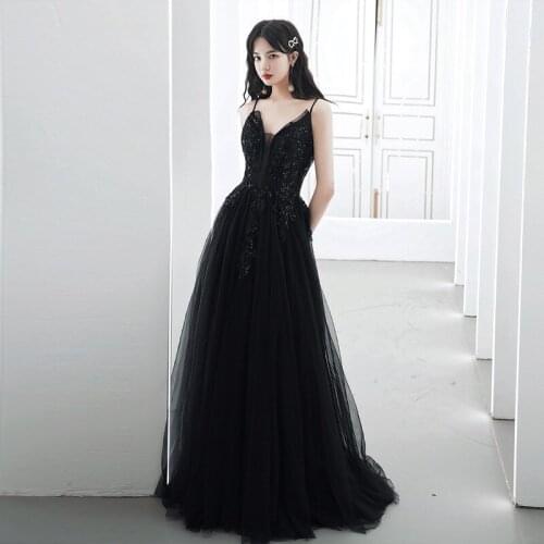Exquisite Lace Sequins Beading Evening Party Dress Solid Black Retract Waist Banquet Gown Tulle Maxi Dress Engagement Gown Lady