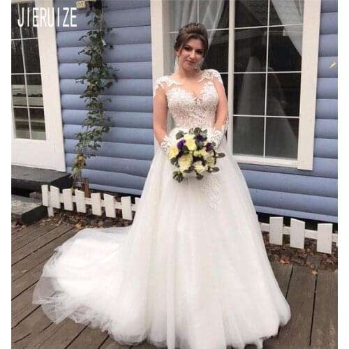 JIERUIZE White Long Sleeve Wedding Dresses Jewel Neck Button Back Wedding Gowns Appliques Garden Bride Dresses robe de mariee