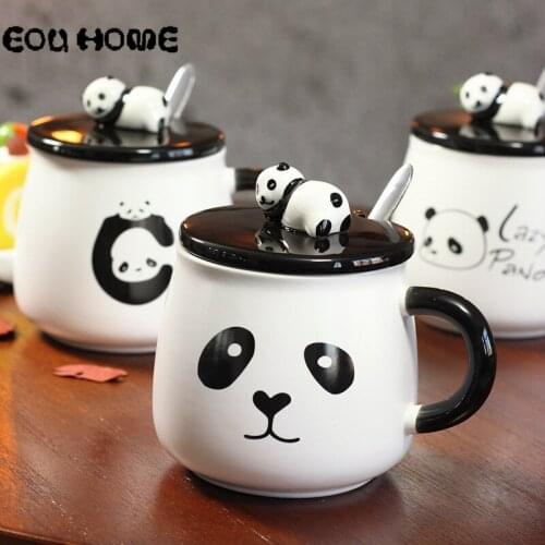 Cartoon Panda Coffee Mug Ceramic Cups and Mugs with Lid and Spoon Student Children Creative Breakfast Milk Fruit Juice Water Cup