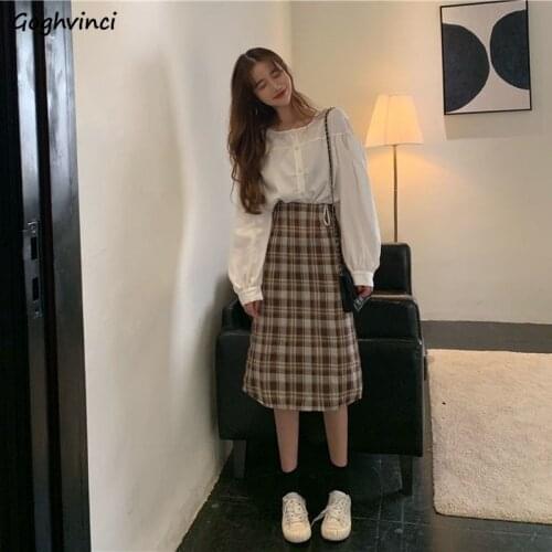 Women Sets Solid Simple O-neck Lantern Sleeve Shirt Plaid Zipper High Waist Skirt Bodycon Slim A-line Elegant Office Lady Daily