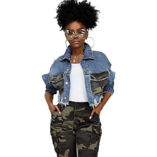 Autumn Winter Hole Ripped Denim Jacket Women Camo Pockets Patchwork Streetwear Long Sleeve Cropped Jean Bomber Jacket Coat Femme
