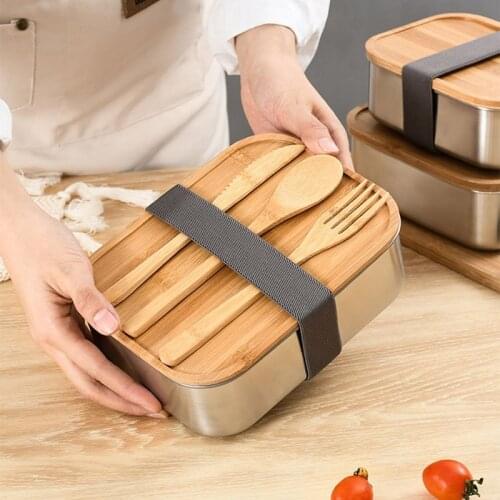 Wooden Lid Lunch Box With Spoon Fork 304 Stainless Stee Portable Lunch Box Fresh-keeping Bamboo Cover Food Container Lunch Box