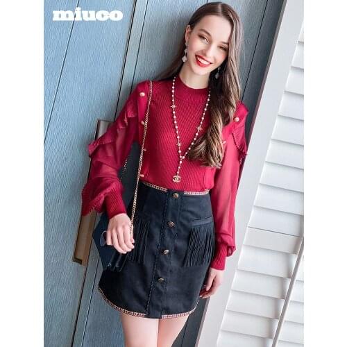 Patchwork Tulle pleated Ruffle T-shirt+Tassel skirt suit 2021 Spring new High Quality Top Quality