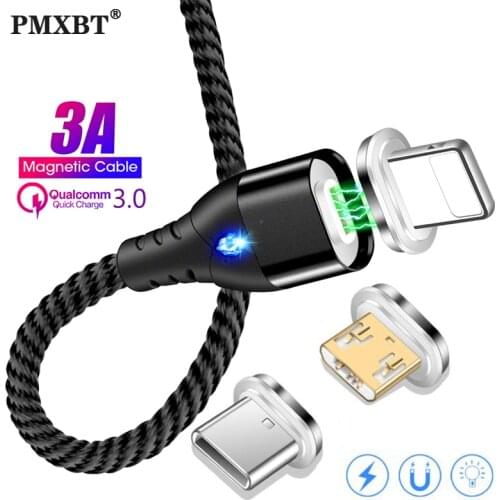 Magnetic Charging Cable Micro USB cable for iphone Samsung S9 LED 3A Fast Magnet Charger Adapter Micrusb Type C Charge Wire Cord
