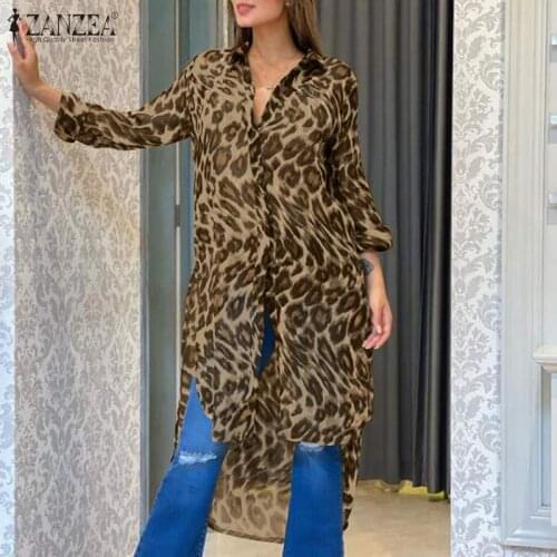 Fashion Leopard Shirts Women Printed Blouses 2021 ZANZEA Casual Long Sleeve Asymmetrical Blusas Female Lapel Tunic Plus Size 5XL