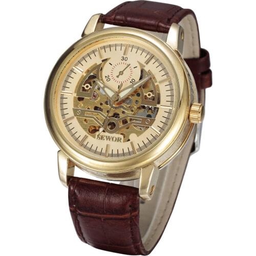 Sewor 2017 Watch Men Gold Skeleton Mechanical Watch Self Wind Luxury Sport Wrist Watches Fashion Leather Strap Male Clock Watch