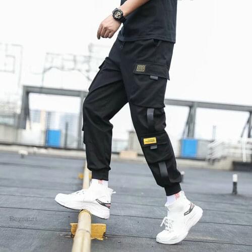 2021 New Mens Side Pockets Cargo Harem Pants Ribbons Black Hip Hop Casual Male Joggers Trousers Fashion Casual Streetwear Pants