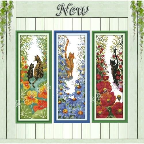 Flowers and lovely cats scenery decor painting counted print on canvas DMC 11CT 14CT Cross Stitch kit embroidery needlework Sets