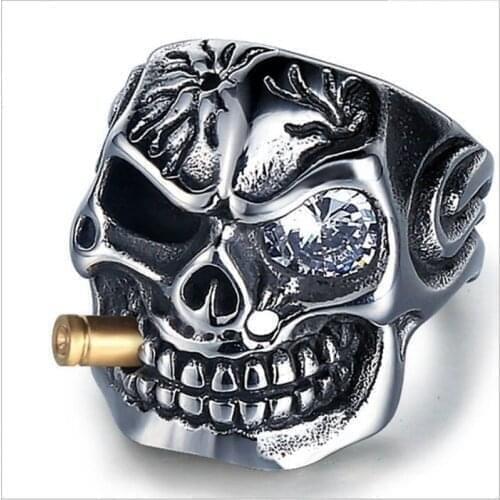 New Exaggerated Skull Head Ring Mens Ring Bohemian Crystal Inlaid Bullet Inlaid Ring Accessories Party Jewelry Size: 8-13