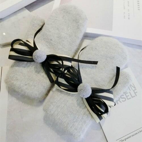 New Korean lovely girl gloves wool bow warm knitted women spring winter gloves gray mittens