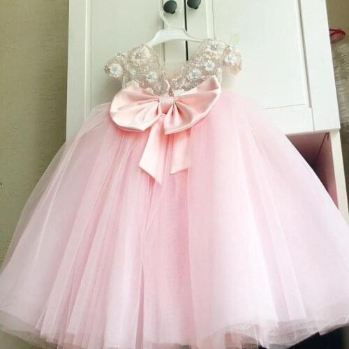 Pink Baby Girl Dresses 3D Flowers Pearls Tulle Little Girl Birthday Dresses Kids Clothes Pageant Gowns with Bow