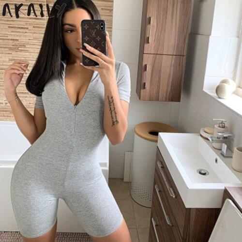 Akaily Streetwear Skinny Zipper Short Sexy Bodycon Jumpsuit Women Shorts Playsuit Solid Summer Rompers Womnes Jumpsuit Female
