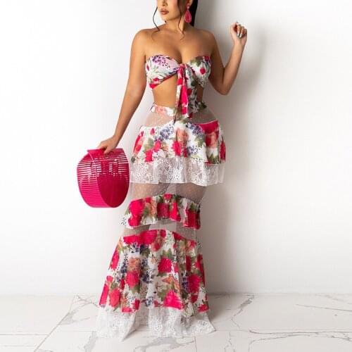 2 Pieces Sets Womens Outfits Skirt Sexy Floral Print Elegant Evening Night Party Club Wear Outfits Matching Sets 2021 Summer New