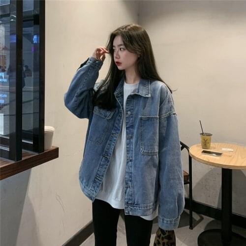 Women Denim Jacket Spring Autumn Ins Retro New Korean Style Joker Loose Button Pocket Batwing Sleeve Blue Solid Color Top Female