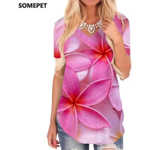 SOMEPET Flowers T Shirt Women Plum Blossom V-neck Tshirt Pink T-shirts 3d Lovely Tshirts Printed Womens Clothing Punk Rock